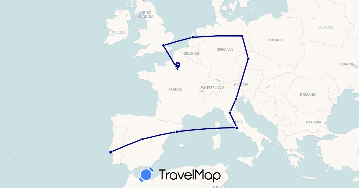 TravelMap itinerary: driving in Czech Republic, Germany, Spain, France, United Kingdom, Italy, Netherlands, Portugal (Europe)